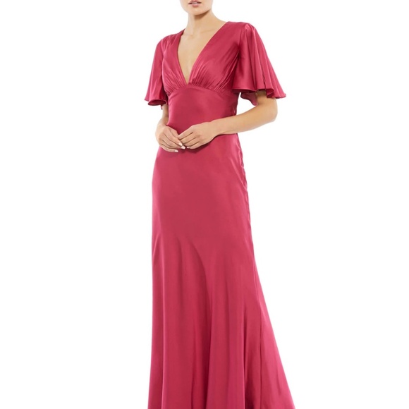 NWT Mac Duggal 554021 [8] Flounce Sleeve V-Neck Trumpet Gown Raspberry Dress - Picture 2 of 11
